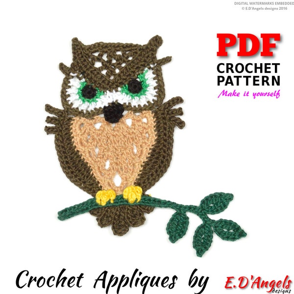 Crochet Pattern, Crochet OWL on the Branch Applique, Applique Pattern, Crochet Embellishment, PDF Instant Download