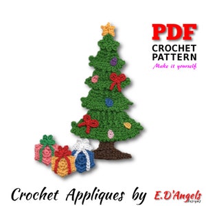 May include: PDF crochet pattern for a green Christmas tree with a yellow star on top and red bows. The tree is surrounded by three colorful gift boxes.