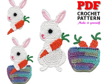 May include: A PDF crochet pattern for making bunny and carrot appliques. The image shows several white crochet bunnies with pink ears and noses, holding orange carrots. There is also a basket with carrots. The text says "Crochet Appliques by E.D'Angels designs 2016."