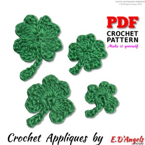 May include: Four green crocheted shamrock appliques of varying sizes. The PDF crochet pattern is included. "Make it yourself" is written in pink below the pattern title.