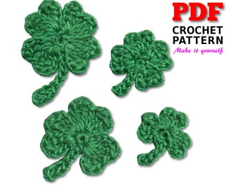 Crochet Pattern, Shamrocks  Pattern, Clovers Applique, Four clovers Pattern, Lucky clover, Two sizes of shamrocks, Easter Pattern