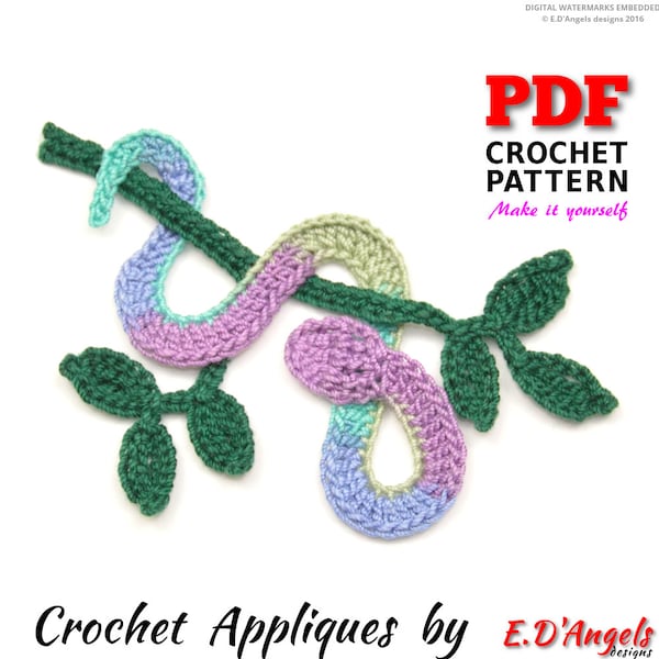 Crochet Pattern, Crochet SNAKE on the Branch, Applique pattern, Crochet Embellishment, PDF Instant Download