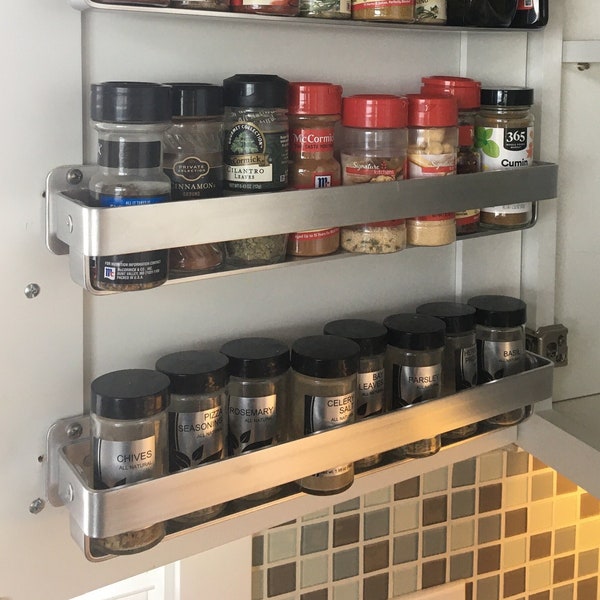 Improved Brushed Aluminum Spice Rack (Storage Shelf) with secure storage.