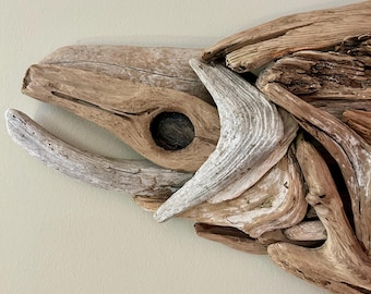 Handcrafted Driftwood Salmon Wall Art: Pacific Northwest Decor (36x13")