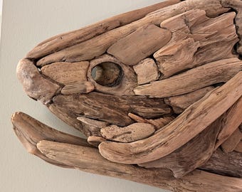 Driftwood Grouper Sculpture: Coastal Wall Art, Pacific NW Handmade