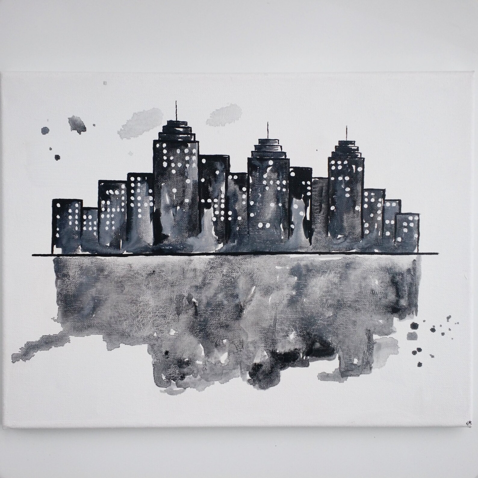 Abstract City Skyline Painting Black and White Etsy
