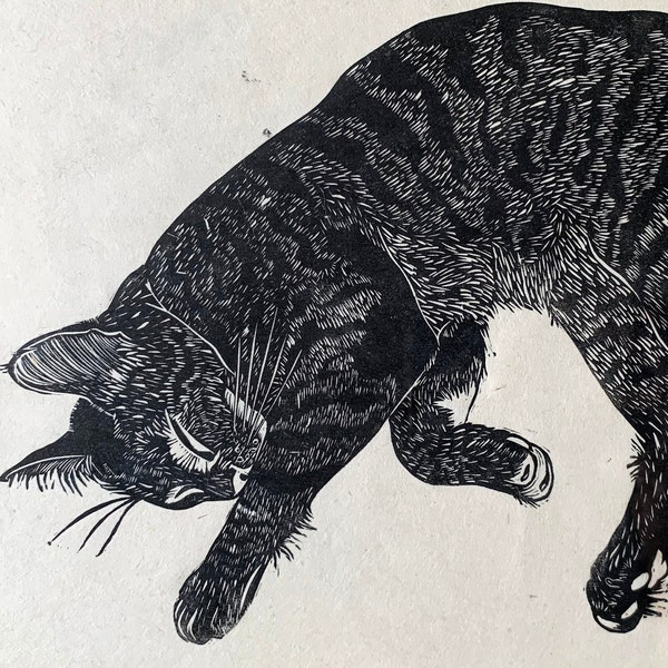 Sleepy Cat [Made to Order] - Handprinted Lino Print, hand-made art