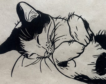 Sleepy Kitten [Made to Order] - Handprinted Lino Print, hand-made art