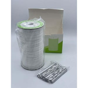 May include: A large spool of white elastic cord wrapped in clear plastic, accompanied by a white cardboard box with a green graphic, and a small clear plastic bag containing several thin, silver-colored metal nose bridge strips.
