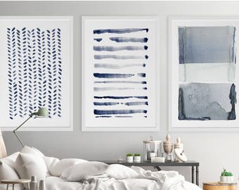 Large Abstract Wall Art, Large Abstract Art Prints, Navy Blue Gray Set of 3 Abstract Prints, Abstract Watercolor,Large Abstract Painting Set