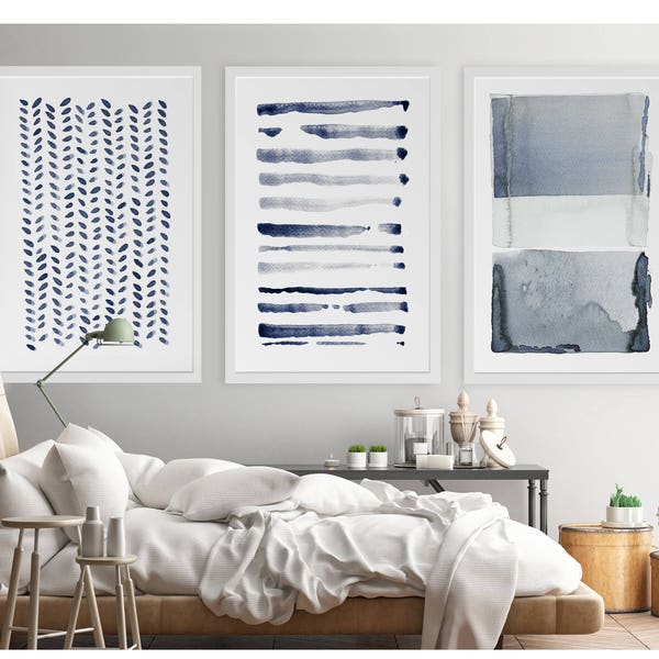 Large Abstract Wall Art, Large Abstract Art Prints, Navy Blue Gray Set of 3 Abstract Prints, Abstract Watercolor,Large Abstract Painting Set