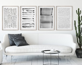Large Minimalist Art, Japandi Wall Art, Contemporary Wall Art Abstract Black and White Print, Abstract Set of 4 Prints, Extra Large Wall Art