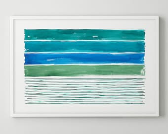Blue Green Wall Art, Green Teal Turquoise Blue Abstract Painting, Abstract Art, Abstract Stripe Horizontal Large Abstract Blue Green Art
