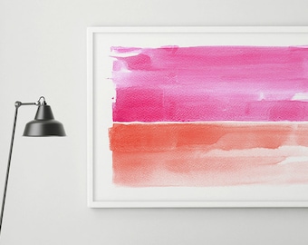 Abstract Watercolor Giclee Print, Pink and Orange Horizontal Wall Art (24x36 inch)