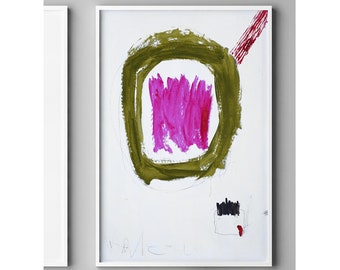 May include: Abstract art print in a white frame. The artwork features a pink brushstroke design within a green square, with red and black accents. The print is displayed on a white shelf with a wooden hand sculpture and a small potted plant.