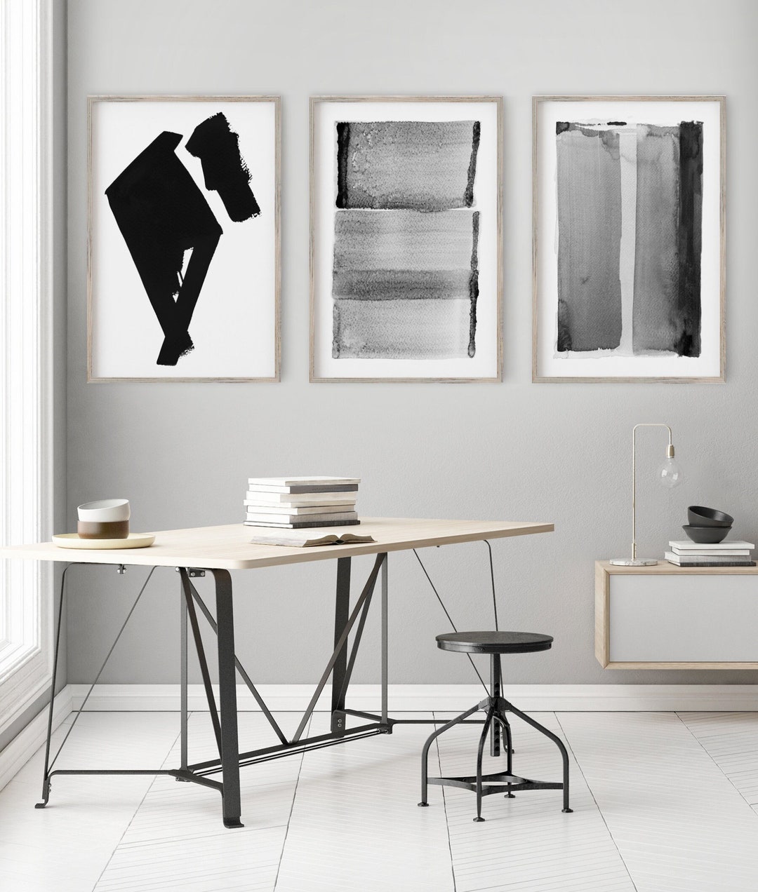 Abstract Wall Art Grey Set of 3 Black and White Art Painting Prints ...