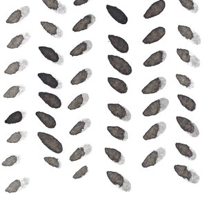 May include: Abstract pattern of dark gray, oval-shaped brushstrokes with a lighter gray accent on a white background. The brushstrokes are arranged in vertical rows, creating a textured, artistic design.