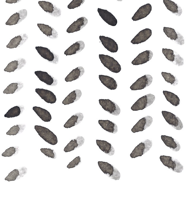 May include: Abstract pattern of dark gray, oval-shaped brushstrokes with a lighter gray accent on a white background. The brushstrokes are arranged in vertical rows, creating a textured, artistic design.
