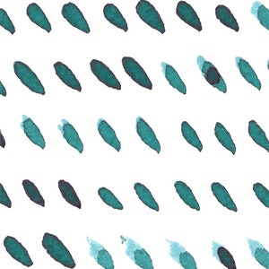 May include: A repeating pattern of teal-colored brushstrokes on a white background. The strokes are teardrop-shaped, with some showing a gradient from dark teal to a lighter, more aqua hue. The design is simple and abstract.