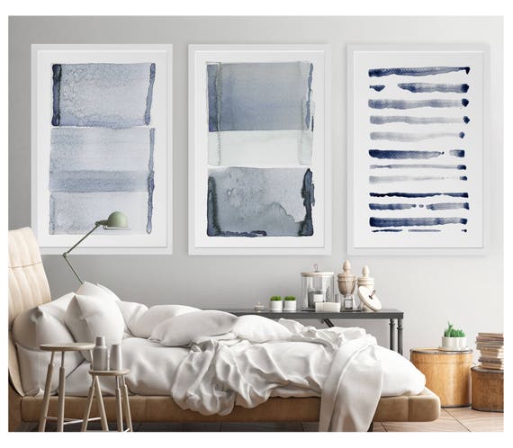 Modern Abstract Watercolor Art Prints, Navy Blue Gray Set of 3