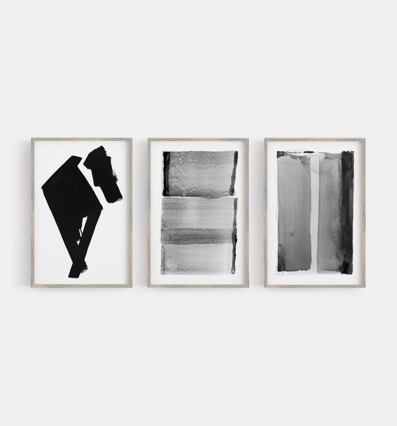Abstract Wall Art Grey Set of 3 Black and White Art Painting Prints ...