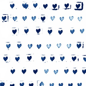 May include: A pattern of dark blue hearts on a white background. Some hearts are within a square frame. The hearts vary in size and texture, creating a handmade, artistic feel. The design is simple yet visually appealing.