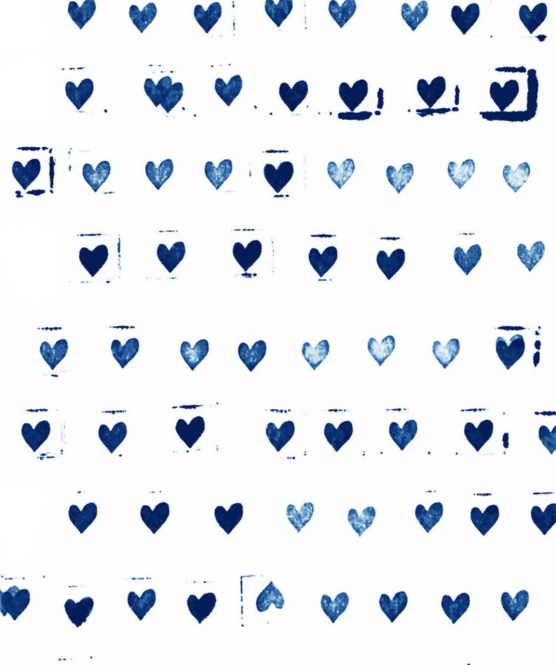 May include: A pattern of dark blue hearts on a white background. Some hearts are within a square frame. The hearts vary in size and texture, creating a handmade, artistic feel. The design is simple yet visually appealing.