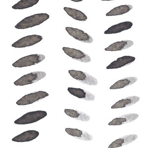May include: Abstract watercolor painting featuring a pattern of elongated, oval shapes. The shapes are primarily dark gray with a lighter gray area at one end, set against a white background. The design has a minimalist aesthetic.