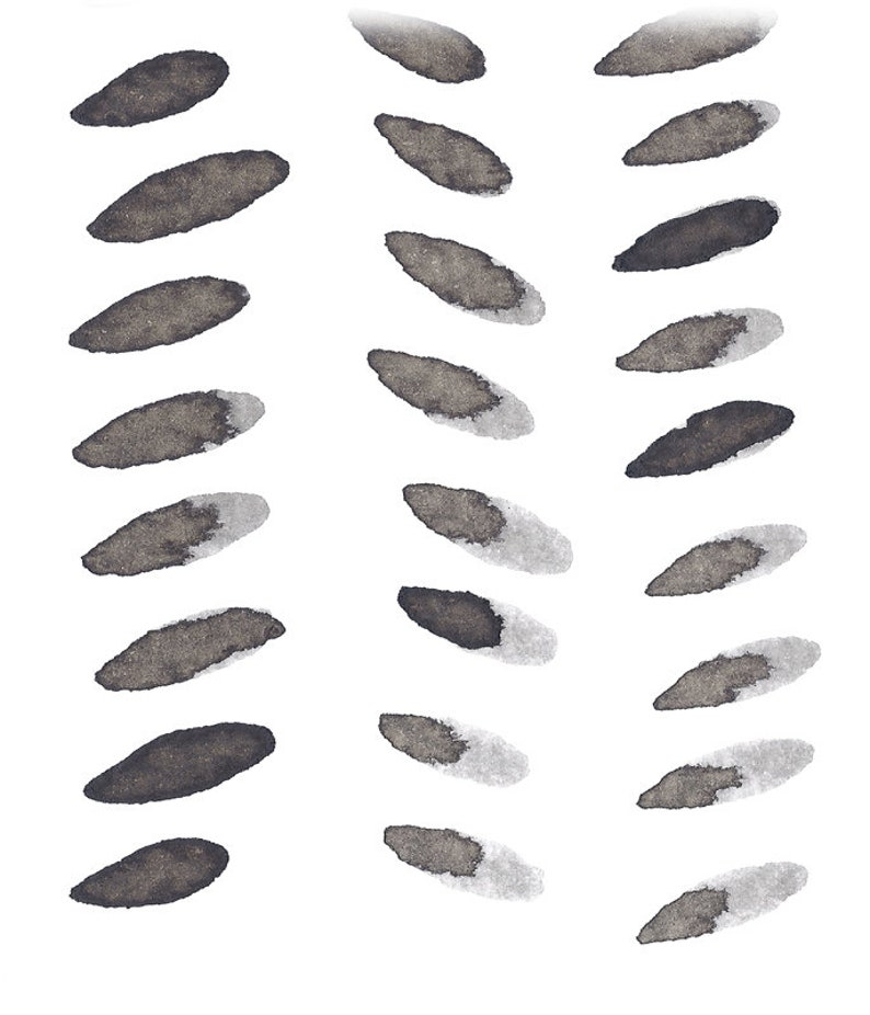 May include: Abstract watercolor painting featuring a pattern of elongated, oval shapes. The shapes are primarily dark gray with a lighter gray area at one end, set against a white background. The design has a minimalist aesthetic.
