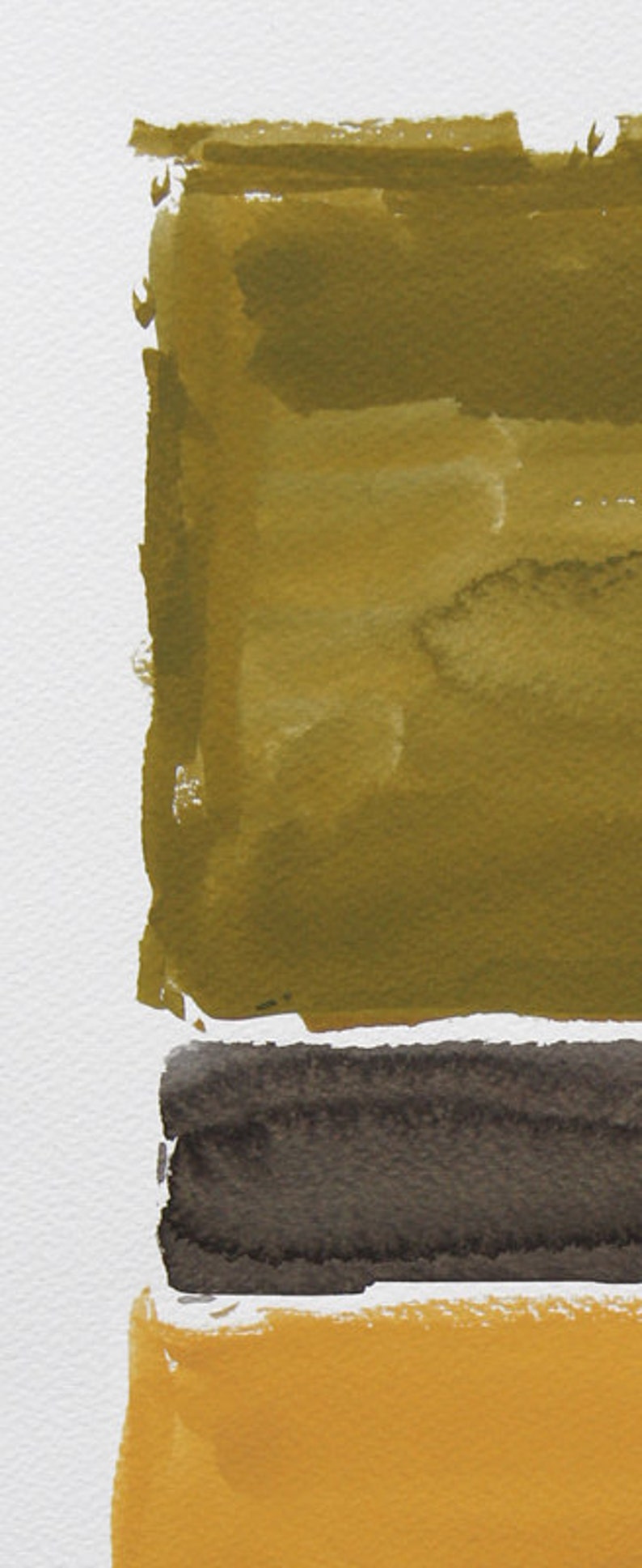 K&ouml;nnte beinhalten: Abstrakte Aquarellmalerei mit horizontalen Farbbl&ouml;cken. Der obere Bereich ist olivgr&uuml;n, gefolgt von einem dunkelbraunen Band und einem unteren Bereich in Senfgelb. Der Hintergrund ist wei&szlig;.