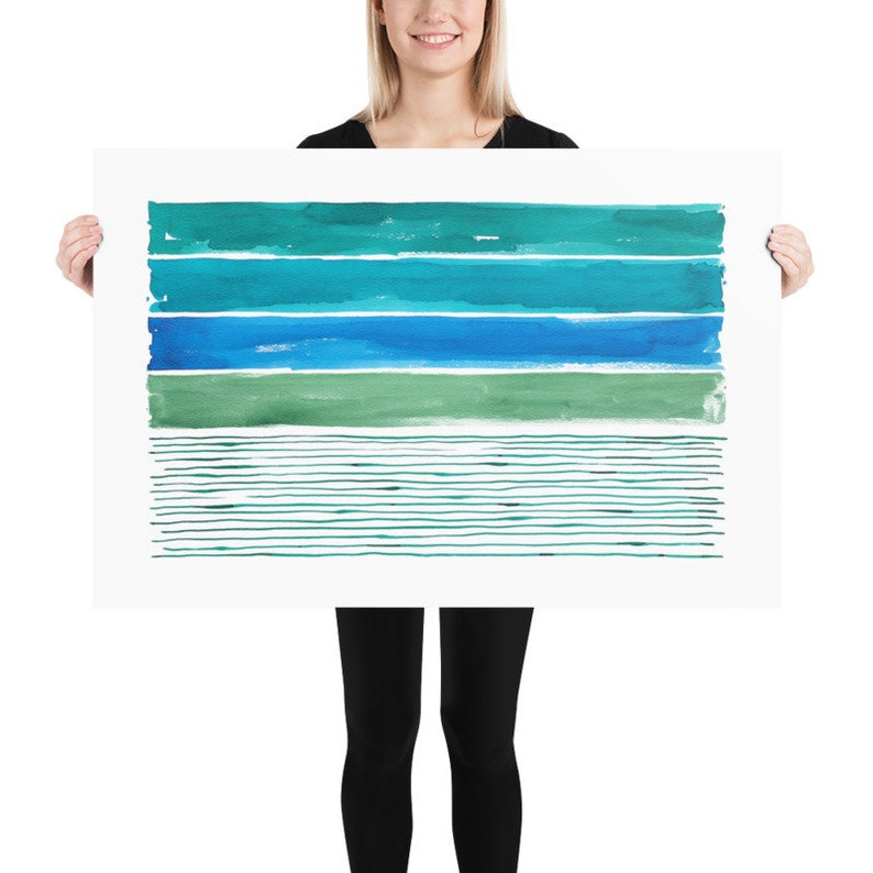 Blue Green Wall Art, Green Teal Turquoise Blue Abstract Painting, Abstract Art, Abstract Stripe Horizontal Large Abstract Blue Green Art image 6