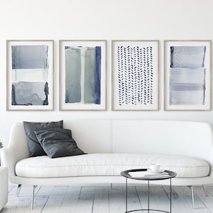Set of 4 Wall Art, Navy Blue Abstract Art, Set of Four Abstract Art, Large Wall Art, Minimalist Art, Oversized Abstract Painting Set