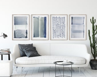 Navy Blue Abstract Watercolor Art Prints, Set of 4