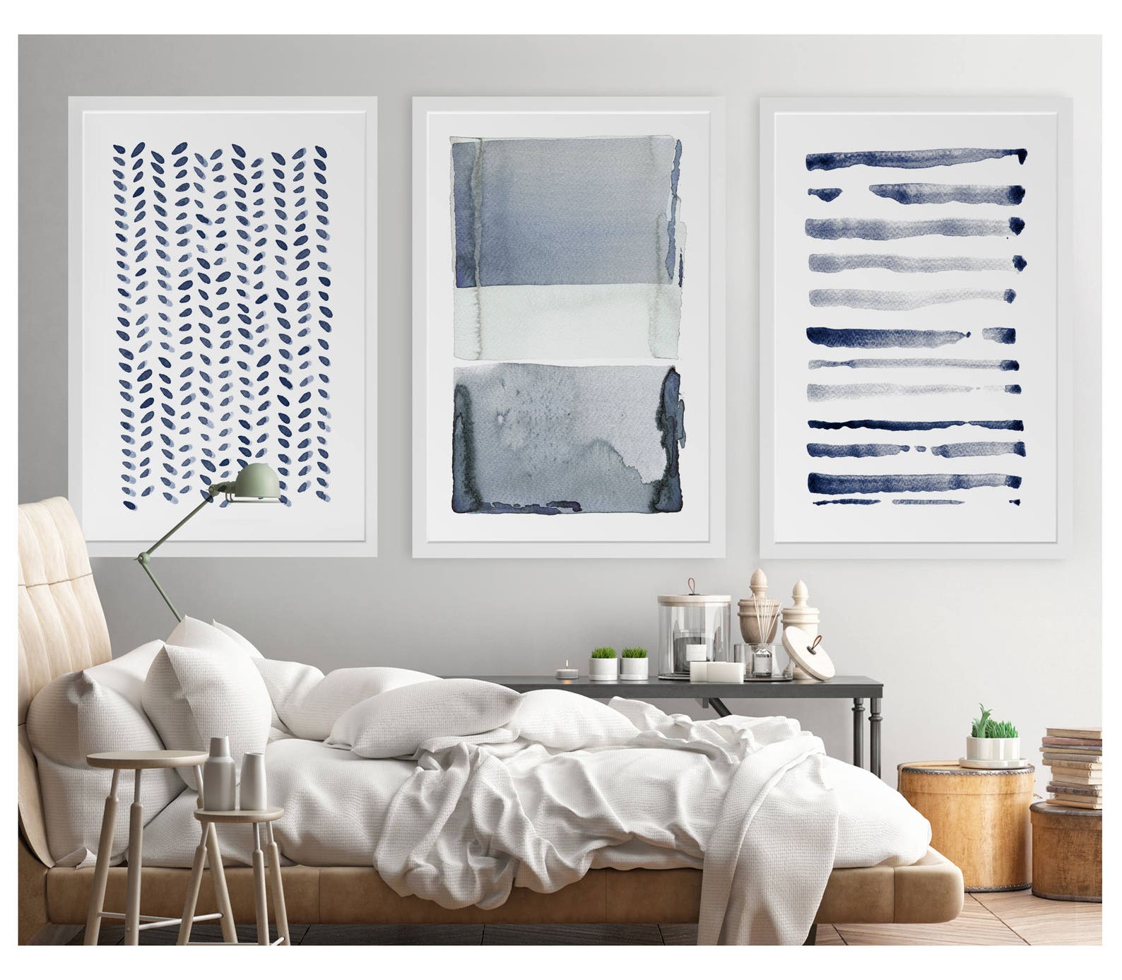 Large Wall Art Navy Blue Gray Abstract Art Set of 3 Etsy