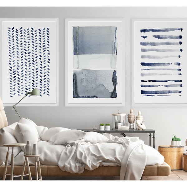 Large Wall Art, Navy Blue Gray Abstract Art, Set of 3 Paintings, Large Abstract Painting, Minimalist Print, Navy Blue Art Print, Indigo Art