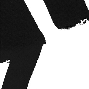 May include: Abstract black and white artwork. The image features bold, black brushstrokes against a white background. The strokes have textured edges, creating a dynamic and expressive composition. The contrast between black and white is striking.