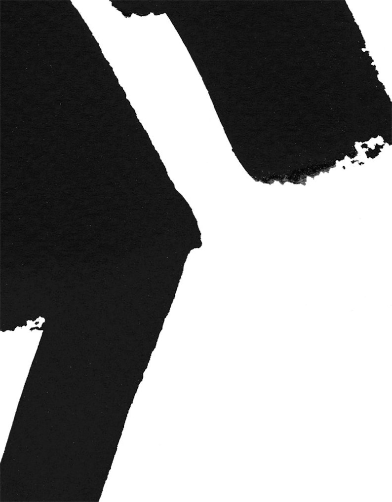 May include: Abstract black and white artwork. The image features bold, black brushstrokes against a white background. The strokes have textured edges, creating a dynamic and expressive composition. The contrast between black and white is striking.