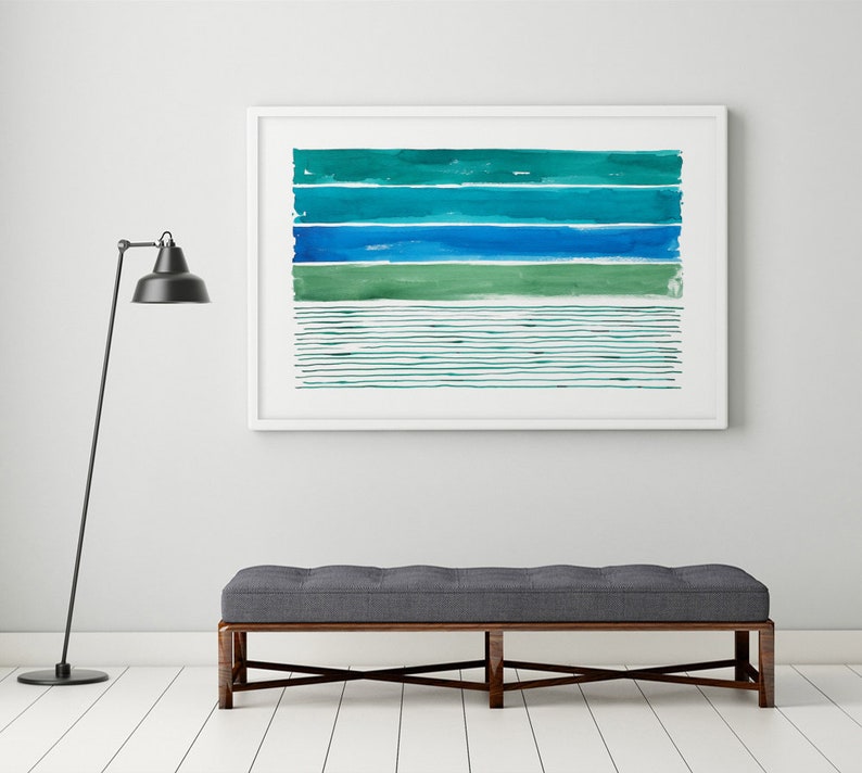 Blue Green Wall Art, Green Teal Turquoise Blue Abstract Painting, Abstract Art, Abstract Stripe Horizontal Large Abstract Blue Green Art image 1