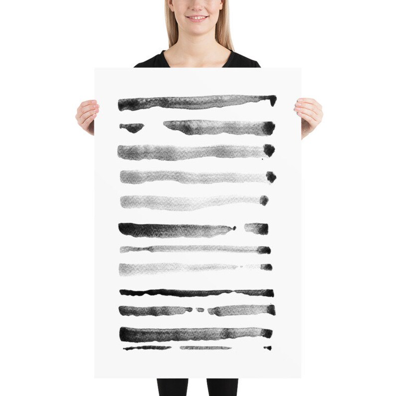 May include: A black and white abstract art print featuring horizontal brushstrokes. The strokes vary in width and intensity, creating a gradient effect from dark to light. The artwork is displayed on a white background.