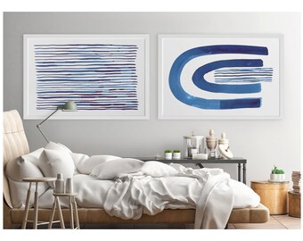 Abstract Art, Navy Blue Wall Art, Large Abstract Art, Navy Blue Painting, Contemporary Wall Art, Set of 2 Wall Art, Horizontal Wall Art