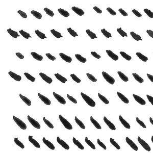May include: Abstract black brushstrokes on a white background. The image features a repeating pattern of small, irregular shapes, creating a textured visual effect. The design is simple and graphic, suitable for various applications.