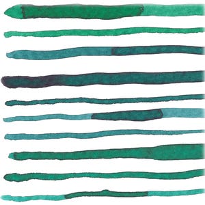 May include: A collection of ten horizontal watercolor brushstrokes in shades of green and teal. Each stroke varies in width and color intensity, with some transitioning from light to dark hues. The strokes are set against a clean white background.