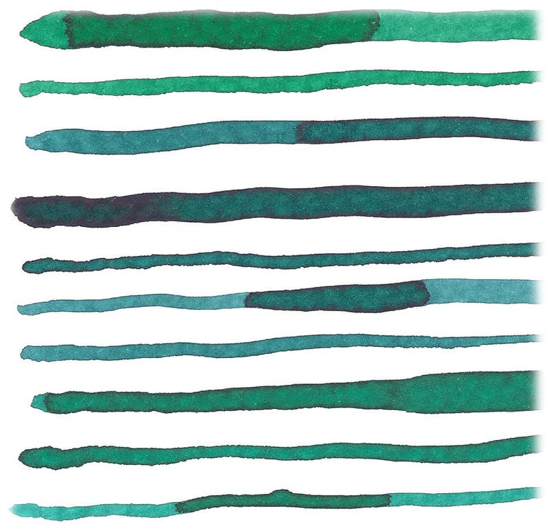 May include: A collection of ten horizontal watercolor brushstrokes in shades of green and teal. Each stroke varies in width and color intensity, with some transitioning from light to dark hues. The strokes are set against a clean white background.