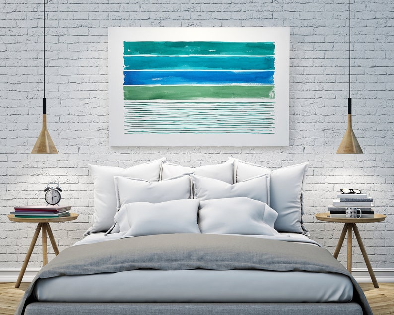 Blue Green Wall Art, Green Teal Turquoise Blue Abstract Painting, Abstract Art, Abstract Stripe Horizontal Large Abstract Blue Green Art image 4