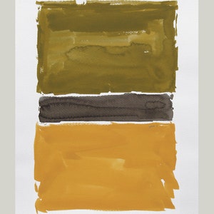 K&ouml;nnte beinhalten: Abstrakte Aquarellmalerei mit drei horizontalen Farbbl&ouml;cken. Der obere Block ist olivgr&uuml;n, der mittlere dunkelbraun und der untere senfgelb. Das Kunstwerk befindet sich auf wei&szlig;em Papier.