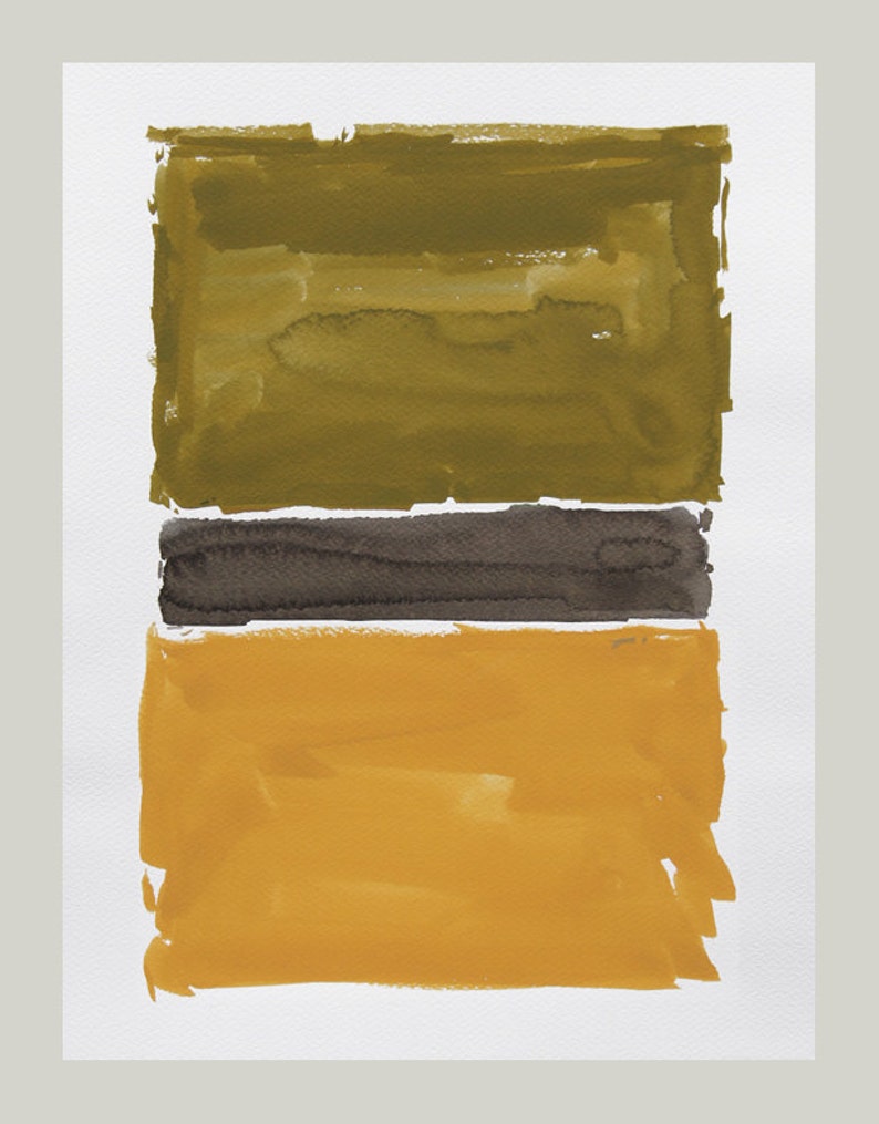 K&ouml;nnte beinhalten: Abstrakte Aquarellmalerei mit drei horizontalen Farbbl&ouml;cken. Der obere Block ist olivgr&uuml;n, der mittlere dunkelbraun und der untere senfgelb. Das Kunstwerk befindet sich auf wei&szlig;em Papier.
