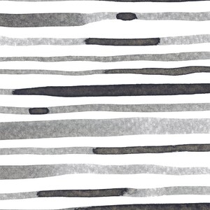 May include: Abstract watercolor pattern featuring horizontal stripes in varying shades of gray and black against a white background. The design has a hand-painted aesthetic, with textured brushstrokes and irregular edges, creating a modern, artistic look. Suitable for home decor or textile designs.