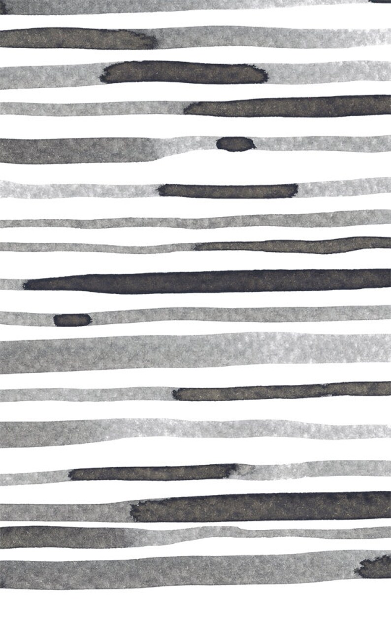 May include: Abstract watercolor pattern featuring horizontal stripes in varying shades of gray and black against a white background. The design has a hand-painted aesthetic, with textured brushstrokes and irregular edges, creating a modern, artistic look. Suitable for home decor or textile designs.