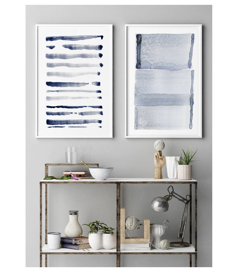 Navy Blue Gray Wall Art Prints Abstract Art Set of 2 Large Etsy