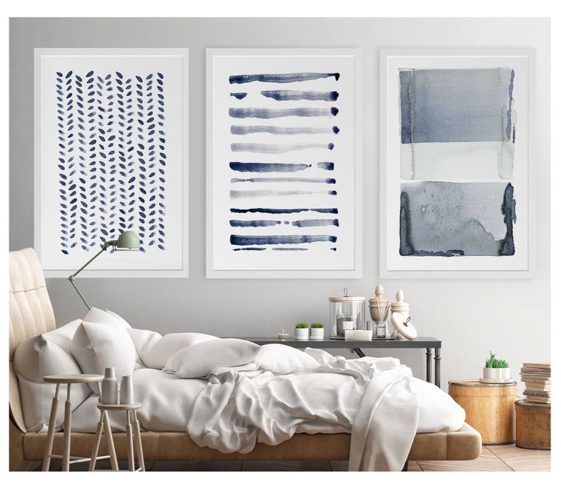 Large Abstract Wall Art, Large Abstract Art Prints, Navy Blue Gray Set of 3 Abstract Prints, Abstract Watercolor,Large Abstract Painting Set image 1